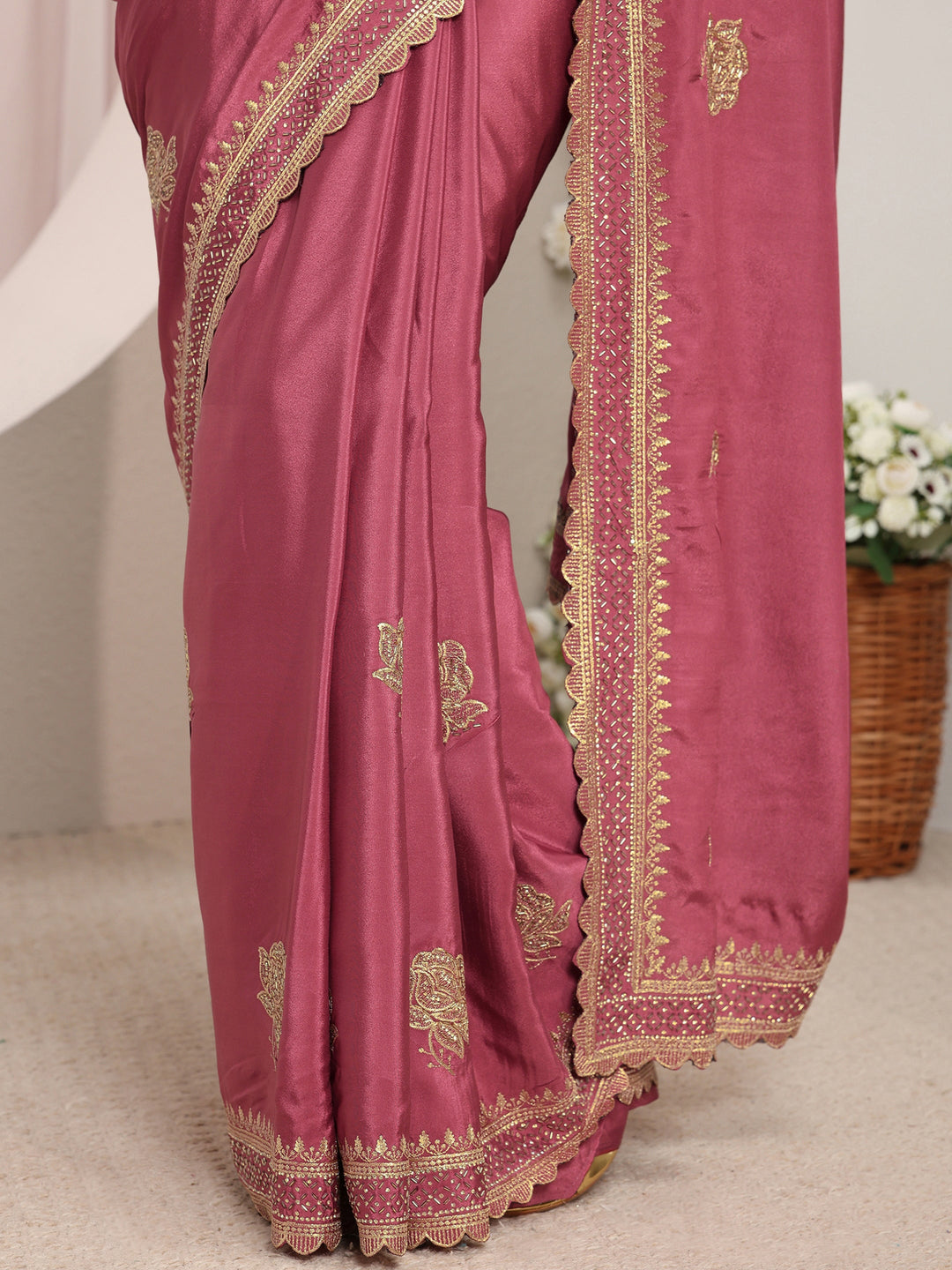  Mauve Floral Embroidered Satin Saree With Unstitched Blouse Piece 