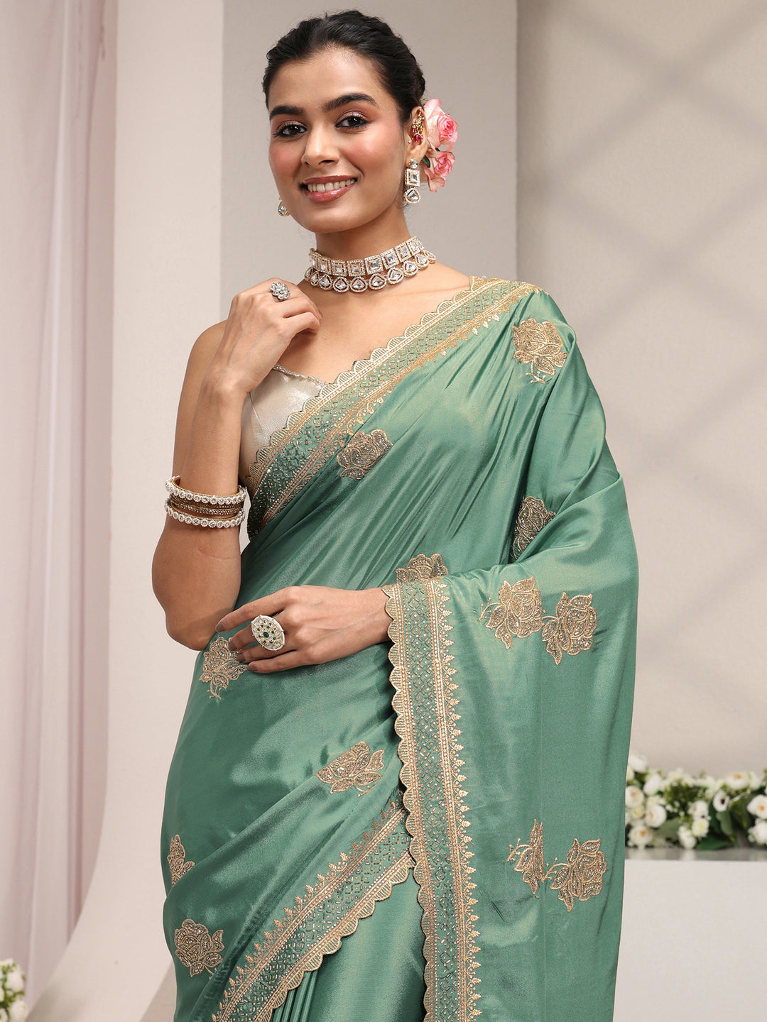  Green Floral Embroidered Satin Saree With Unstitched Blouse Piece 