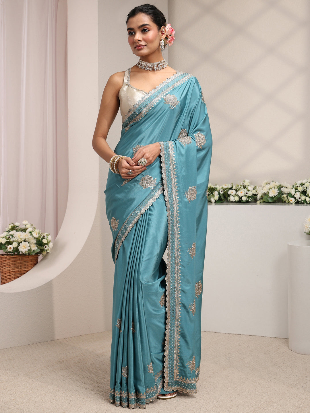  Libas Blue Floral Embroidered Satin Saree With Unstitched Blouse Piece 
