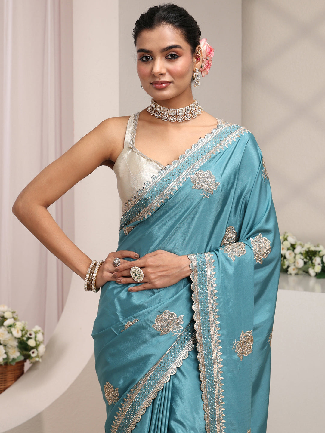  Libas Blue Floral Embroidered Satin Saree With Unstitched Blouse Piece 