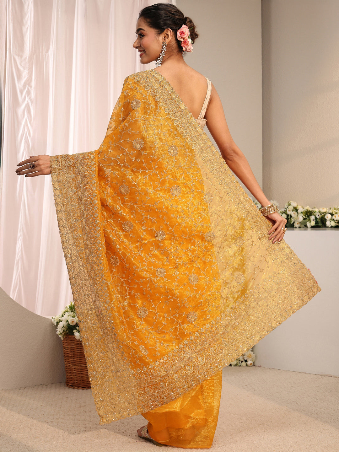  Libas Mustard Floral Embellished Net Saree With Unstitched Blouse Piece 