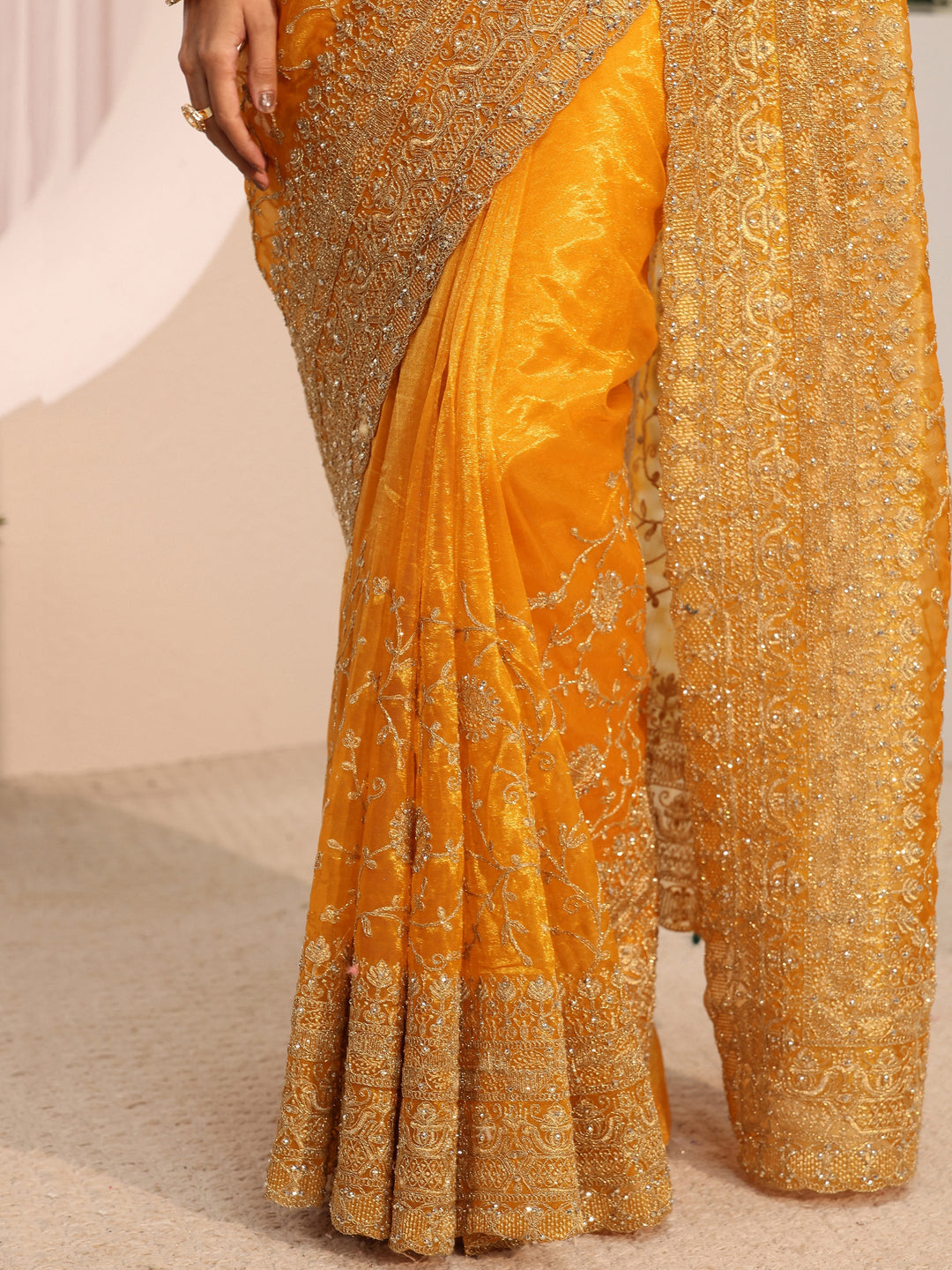  Libas Mustard Floral Embellished Net Saree With Unstitched Blouse Piece 