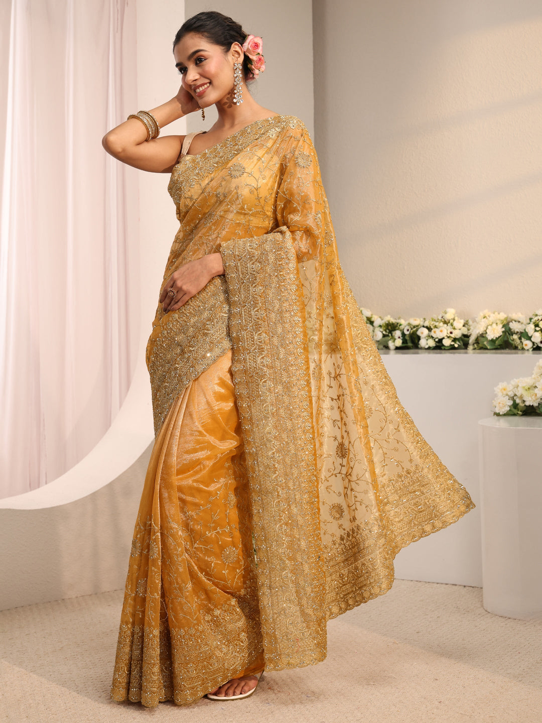  Beige Floral Embellished Net Saree With Unstitched Blouse Piece 