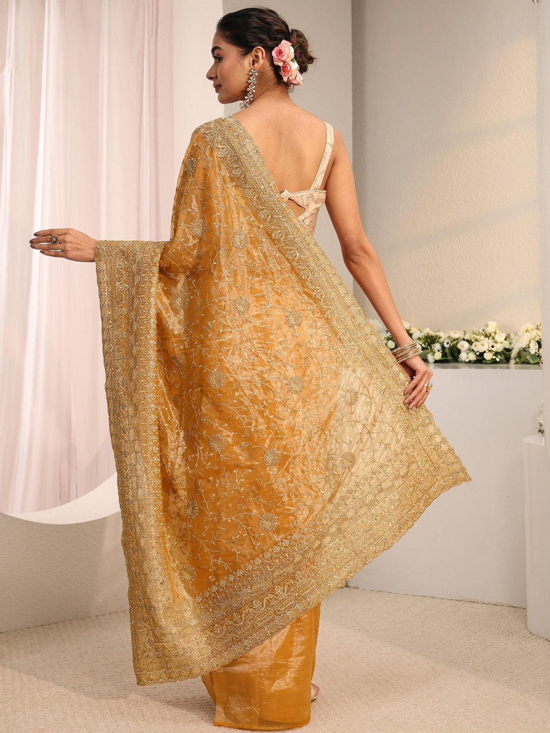  Beige Floral Embellished Net Saree With Unstitched Blouse Piece 