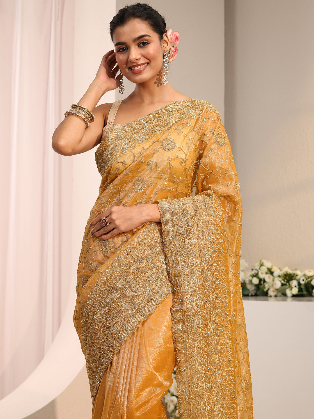 Beige Floral Embellished Net Saree With Unstitched Blouse Piece 