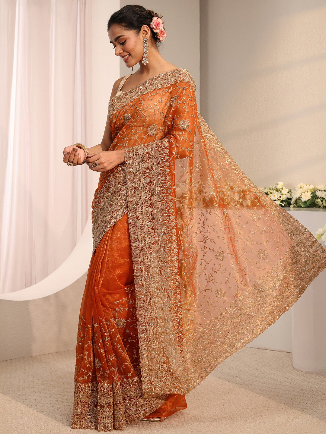  Orange Floral Embellished Net Saree With Unstitched Blouse Piece 