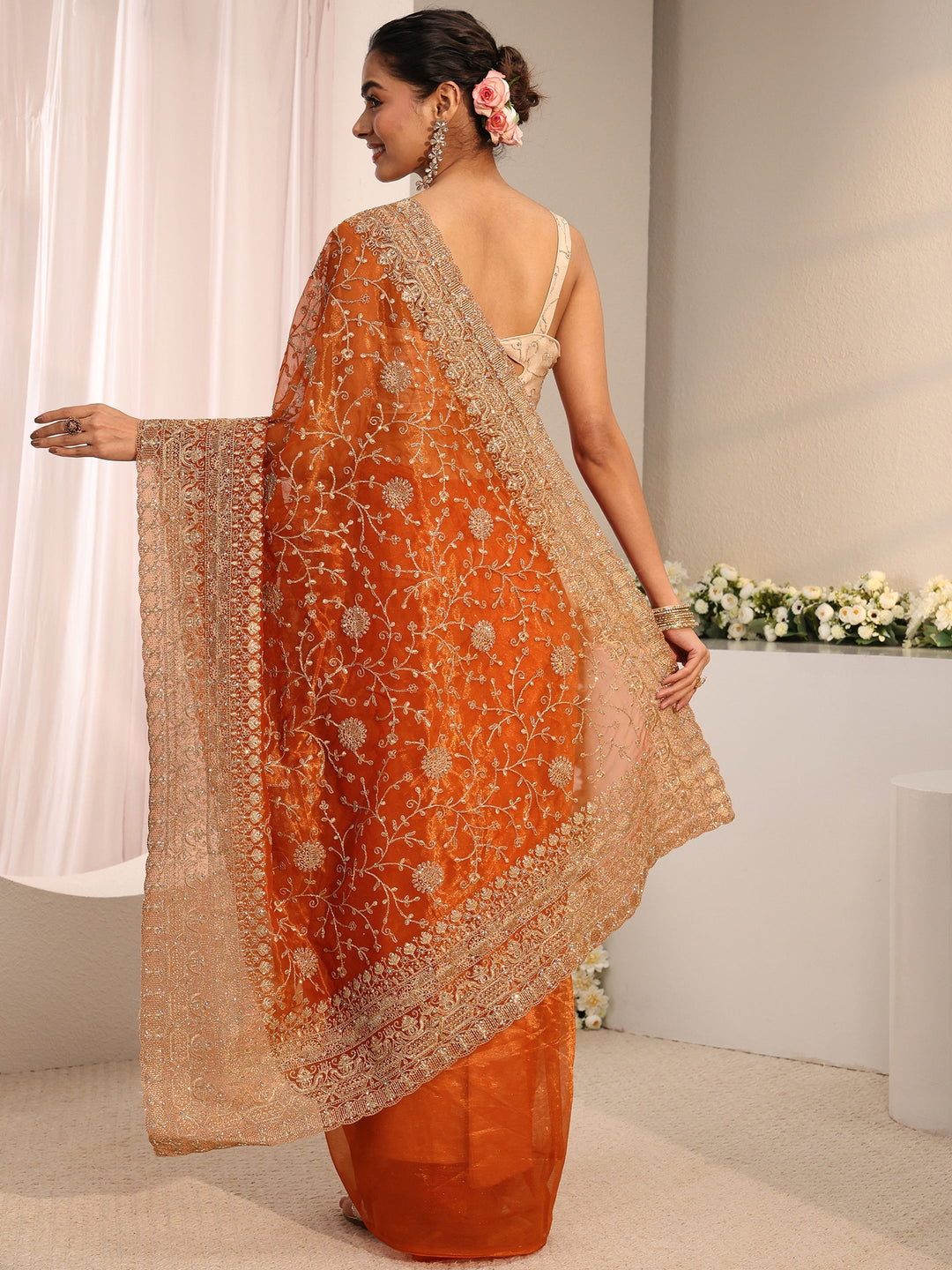  Libas Orange Floral Embellished Net Saree With Unstitched Blouse Piece 