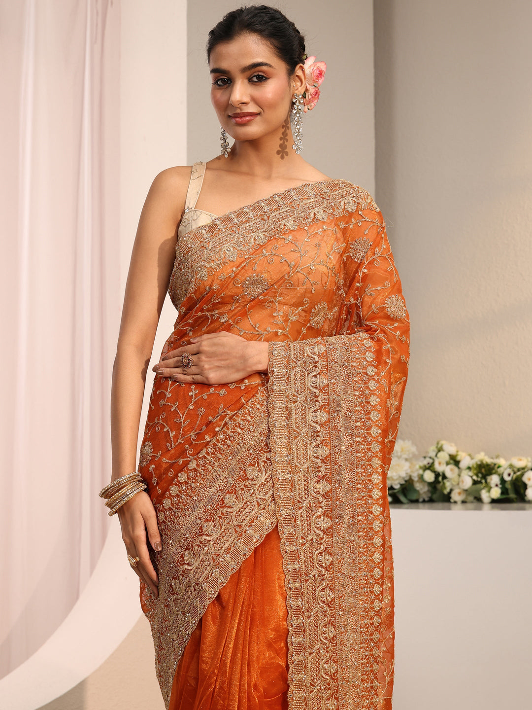  Libas Orange Floral Embellished Net Saree With Unstitched Blouse Piece 