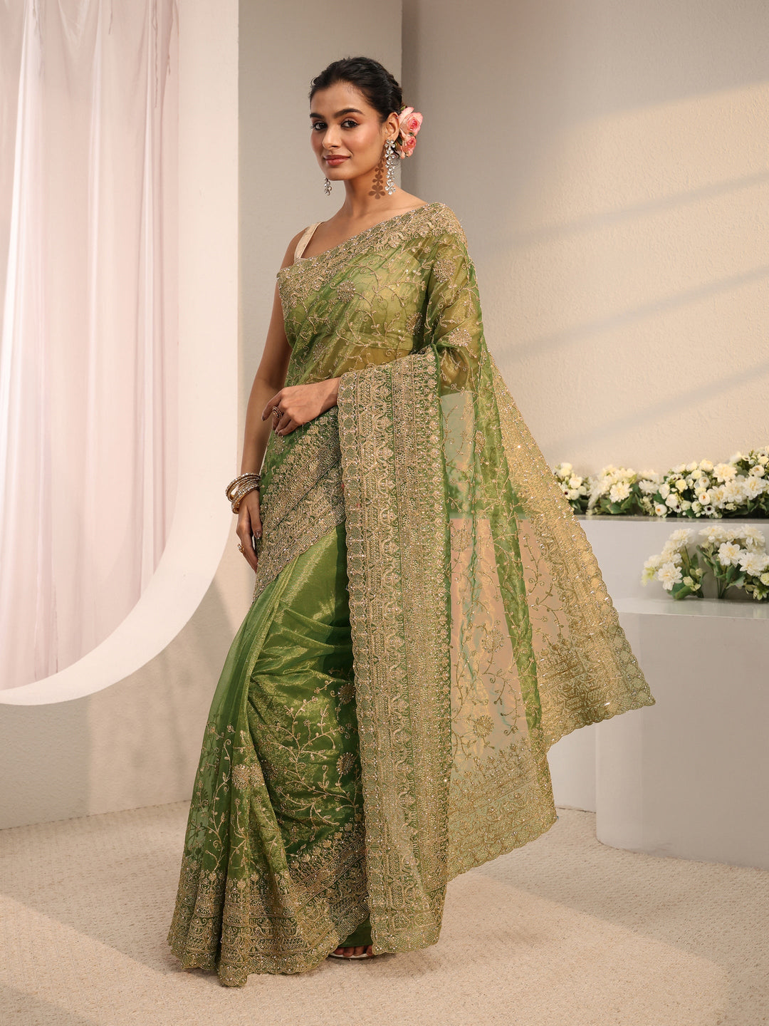  Libas Green Floral Embellished Net Saree With Unstitched Blouse Piece 