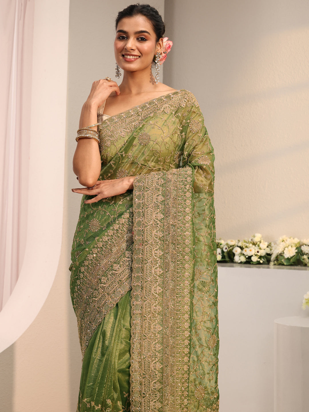  Libas Green Floral Embellished Net Saree With Unstitched Blouse Piece 