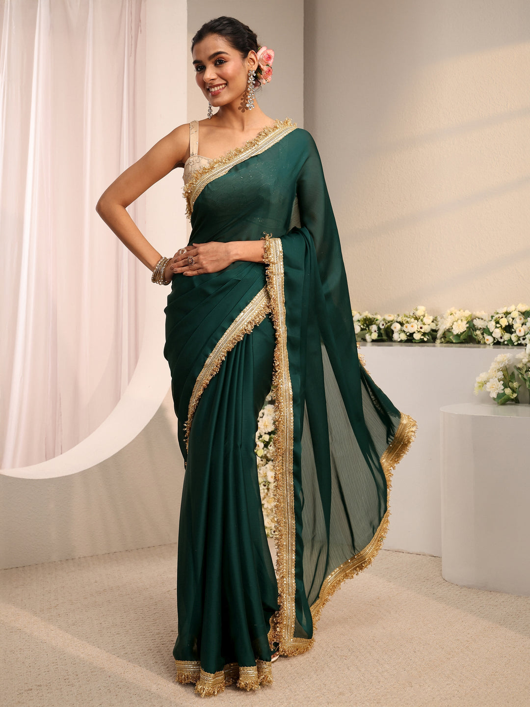  Green Solid Chiffon Saree With Unstitched Blouse Piece 