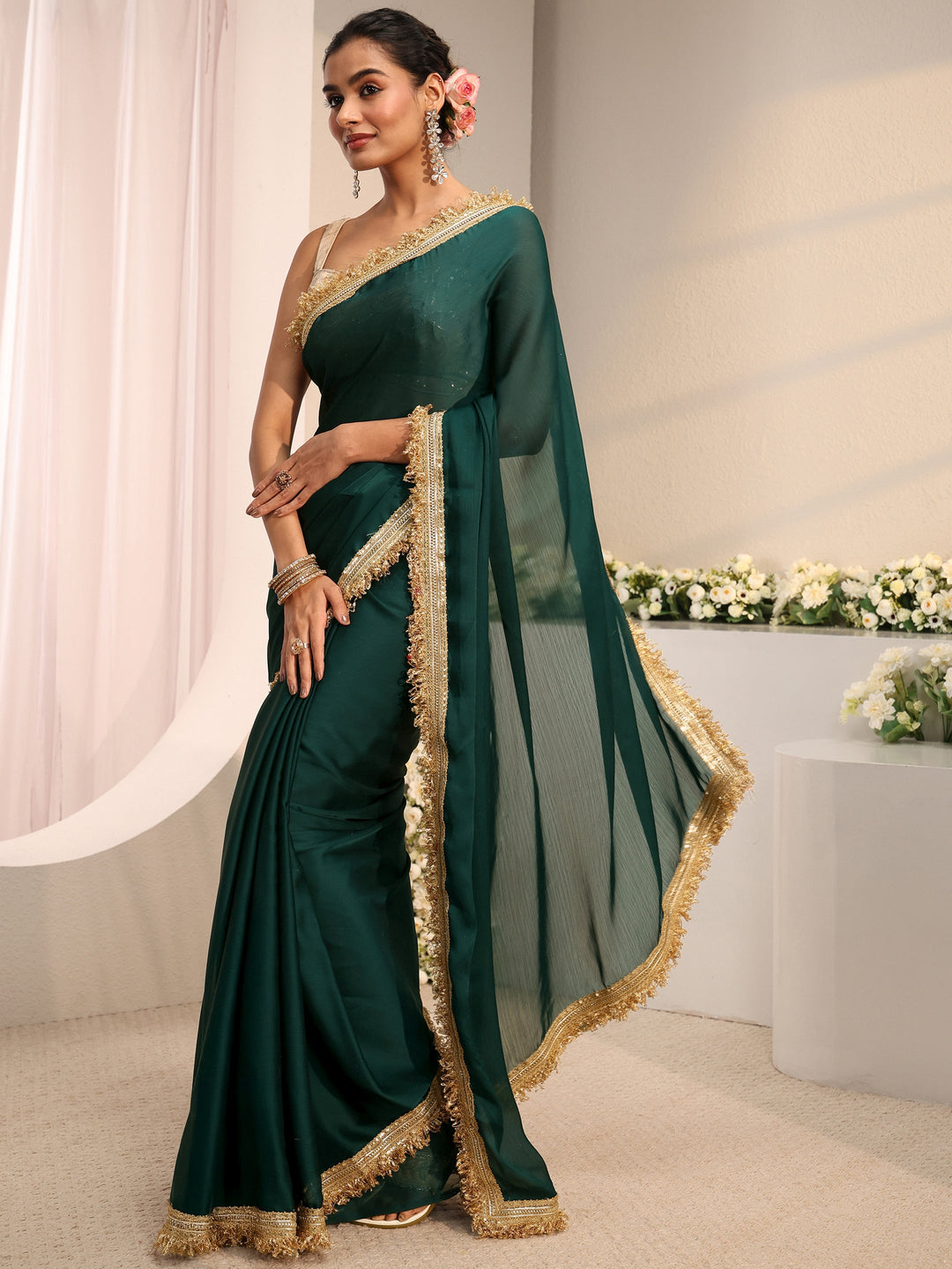  Green Solid Chiffon Saree With Unstitched Blouse Piece 