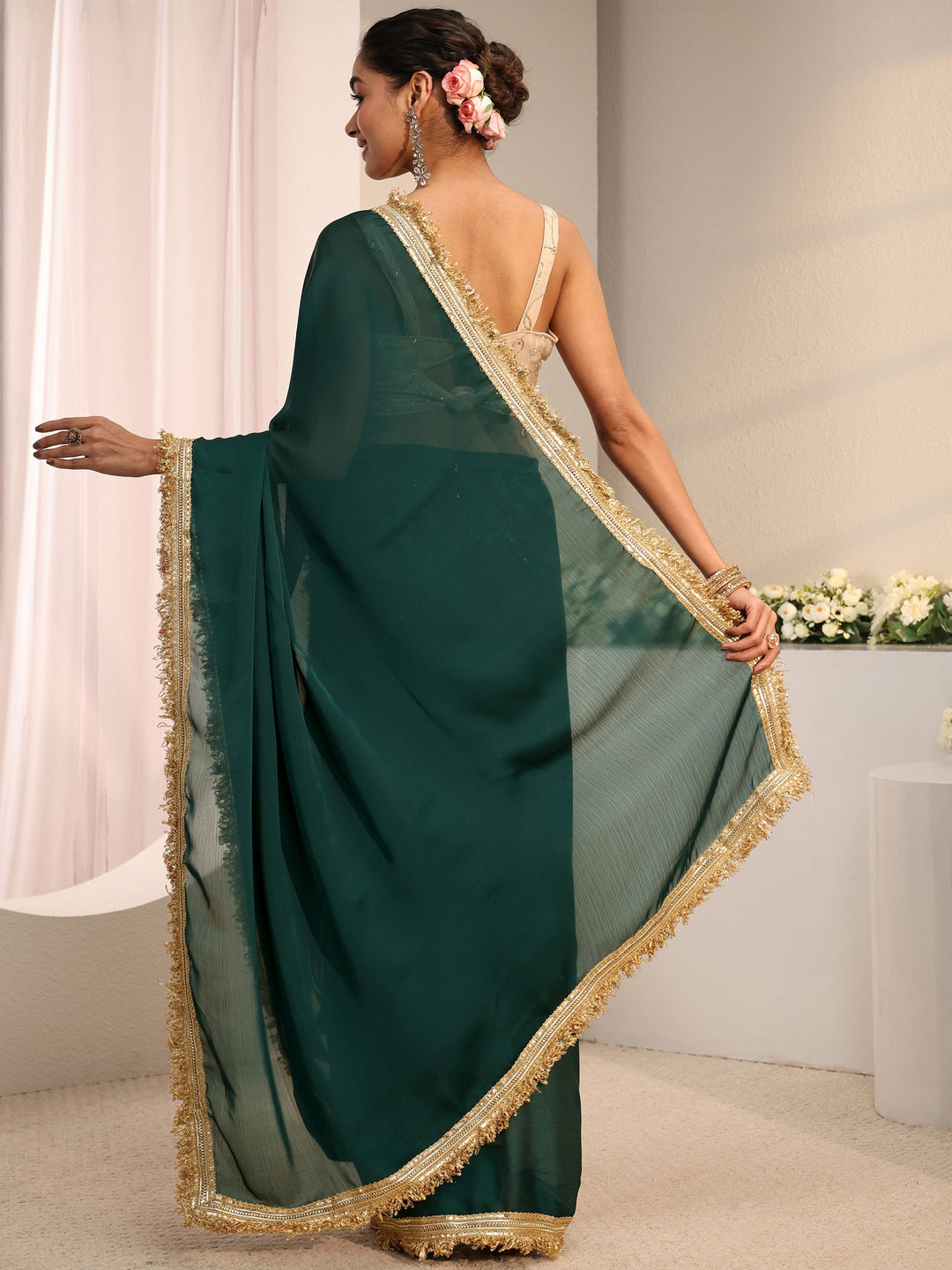  Green Solid Chiffon Saree With Unstitched Blouse Piece 