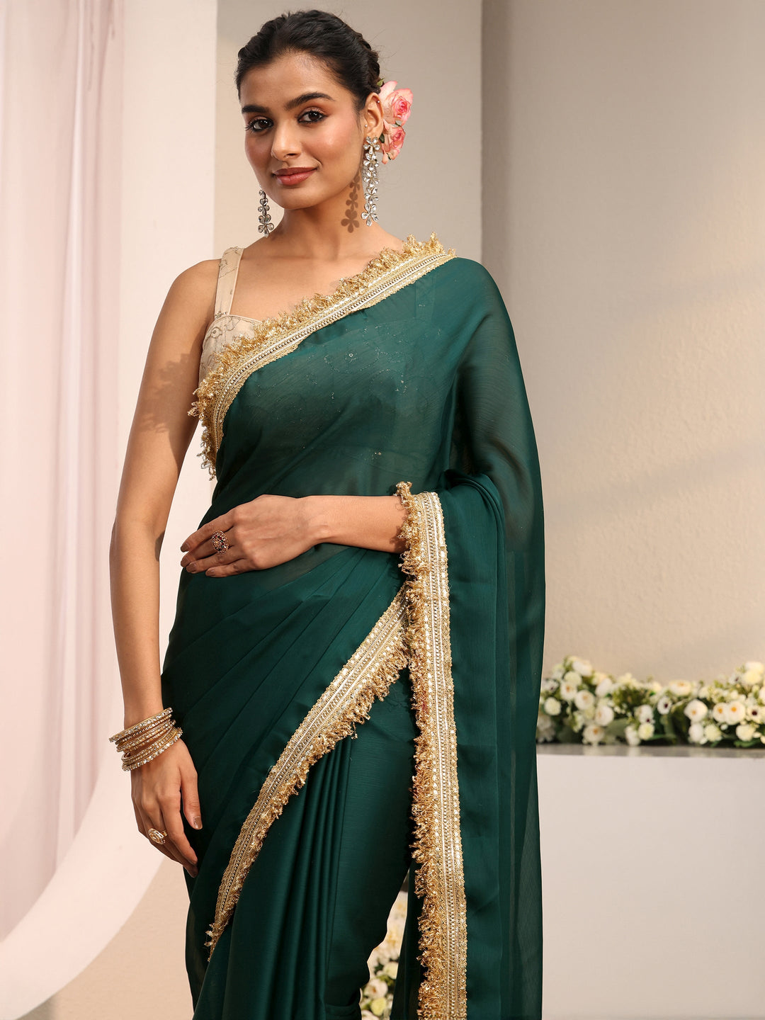  Green Solid Chiffon Saree With Unstitched Blouse Piece 