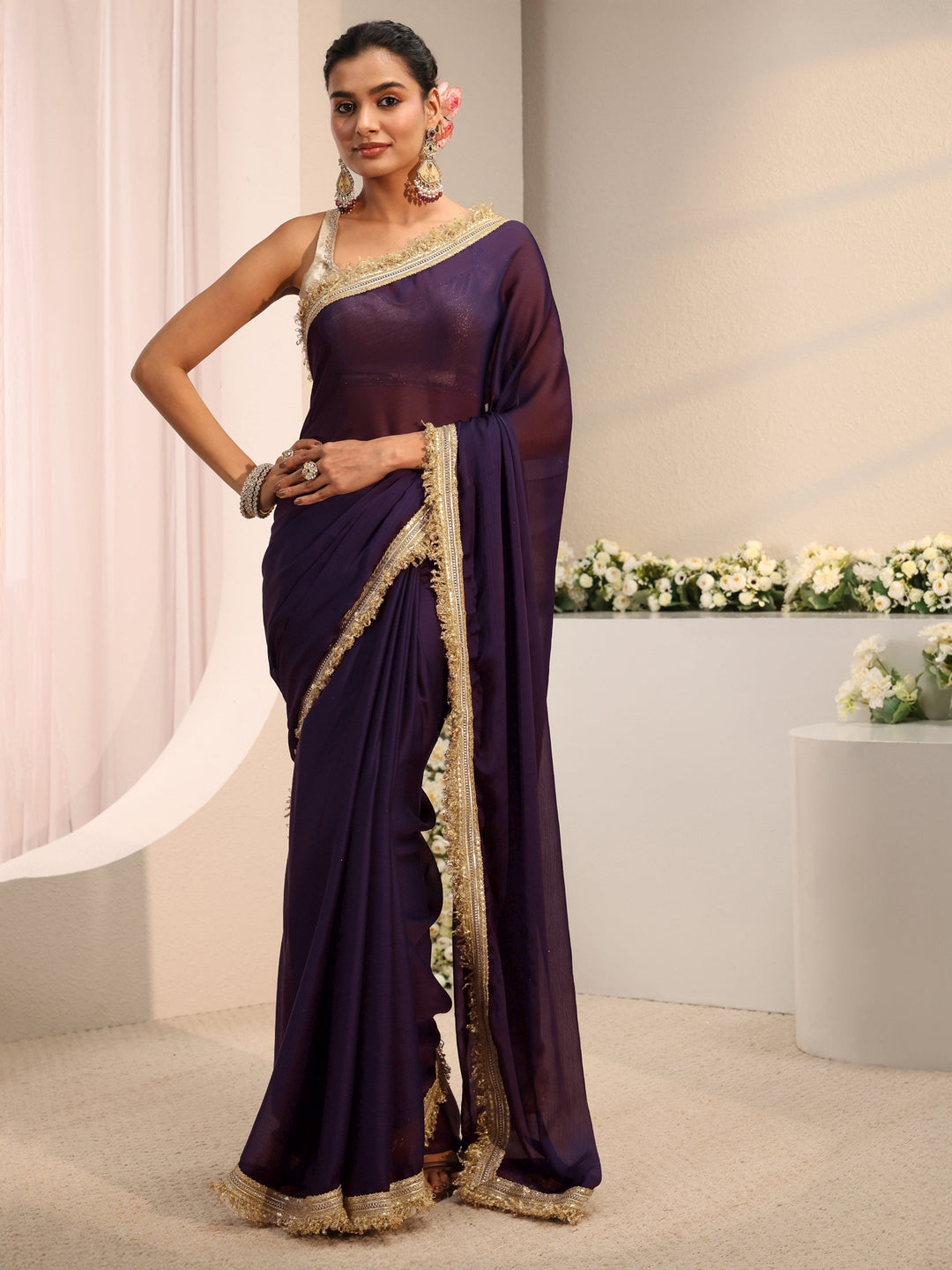  Purple Solid Chiffon Saree With Unstitched Blouse Piece 