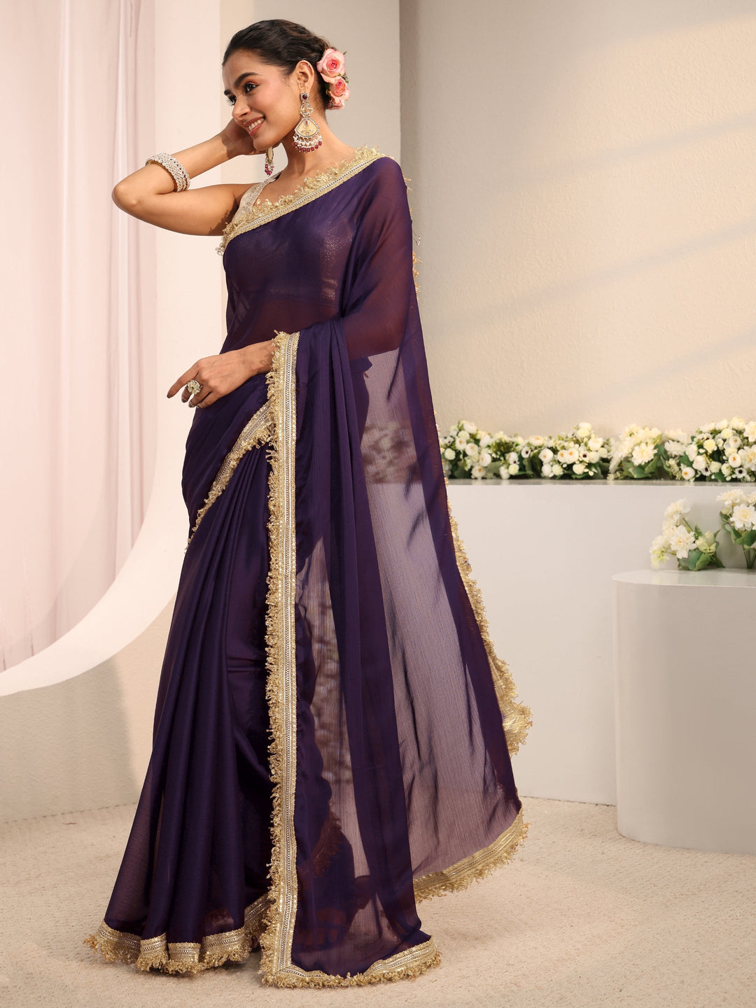  Purple Solid Chiffon Saree With Unstitched Blouse Piece 