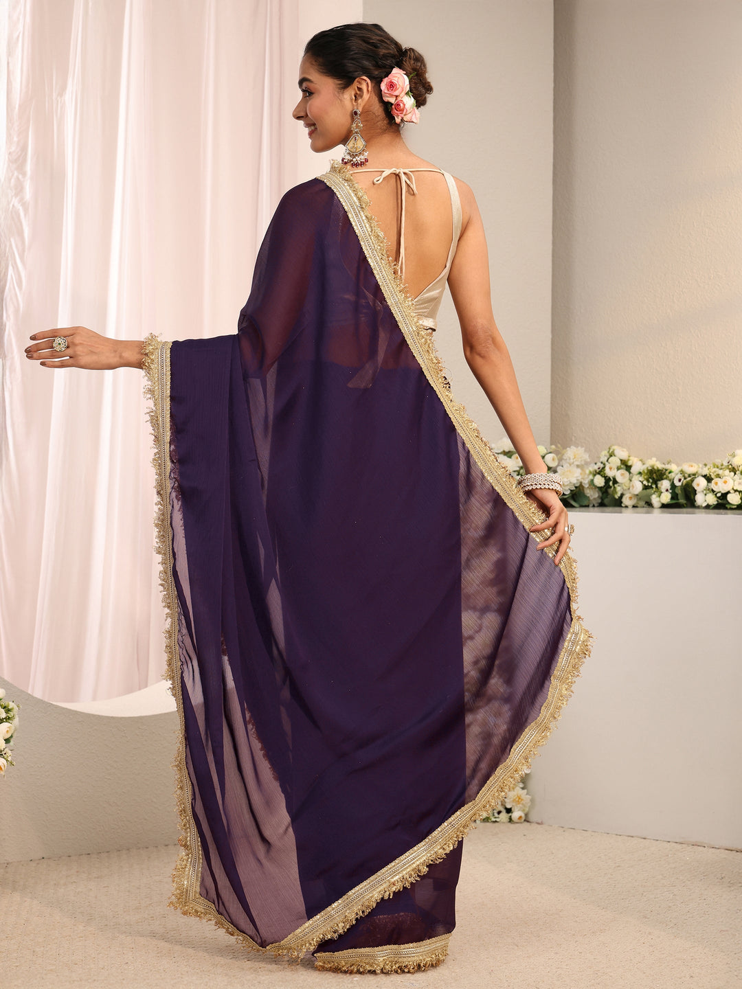 Purple Solid Chiffon Saree With Unstitched Blouse Piece 