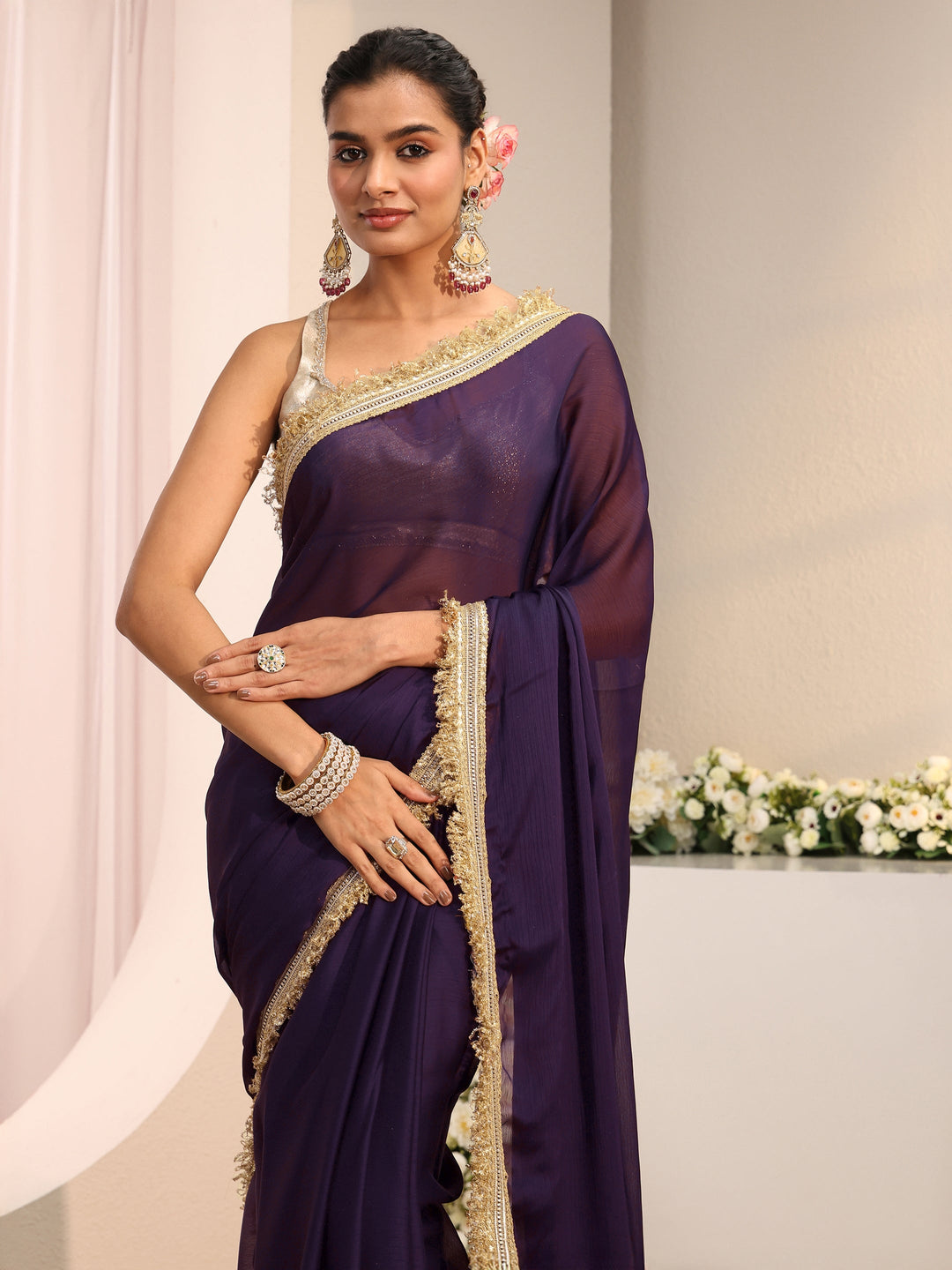  Purple Solid Chiffon Saree With Unstitched Blouse Piece 