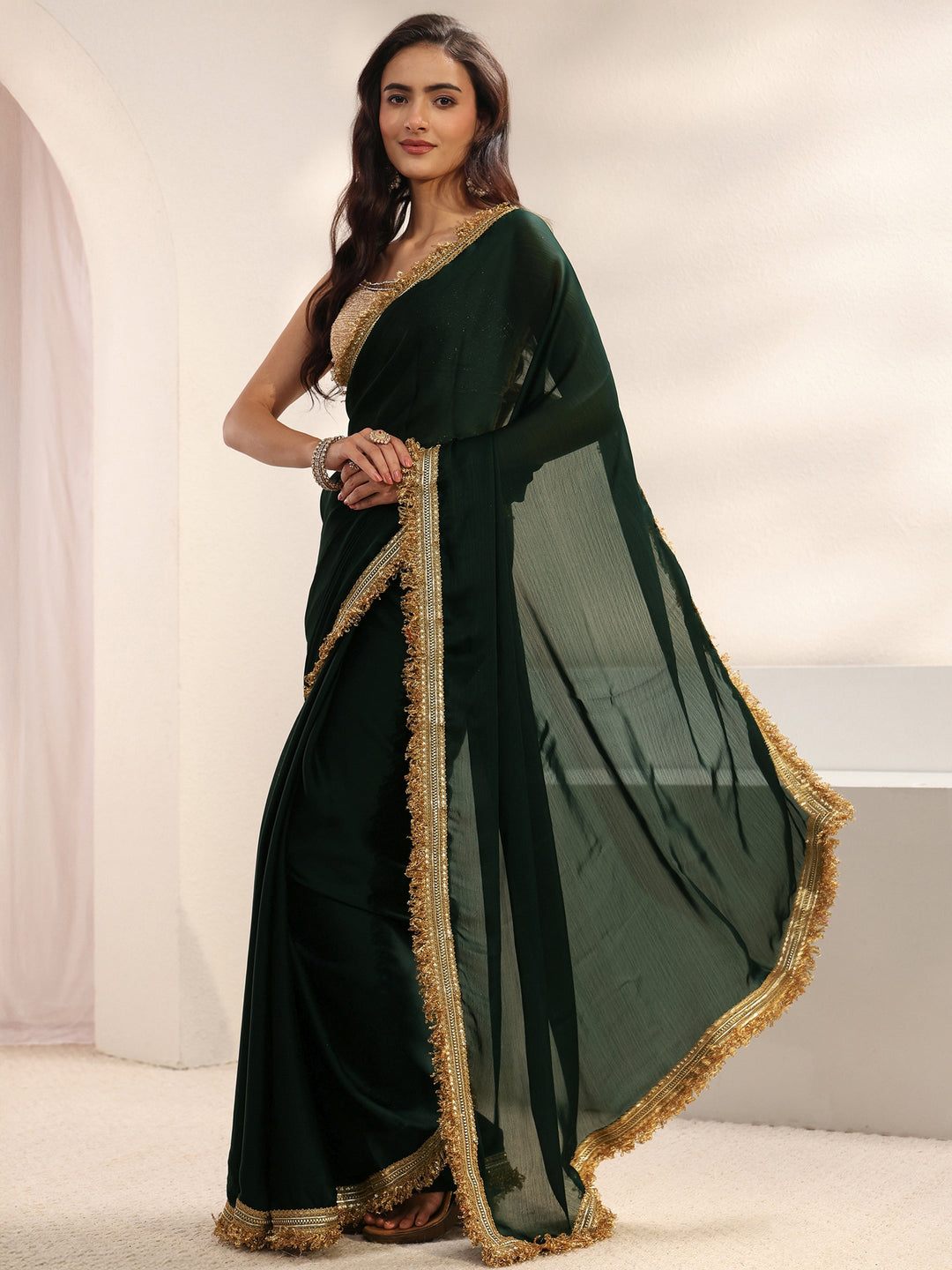  Green Solid Chiffon Saree With Unstitched Blouse Piece 