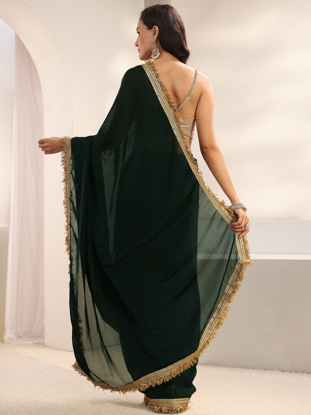  Green Solid Chiffon Saree With Unstitched Blouse Piece 
