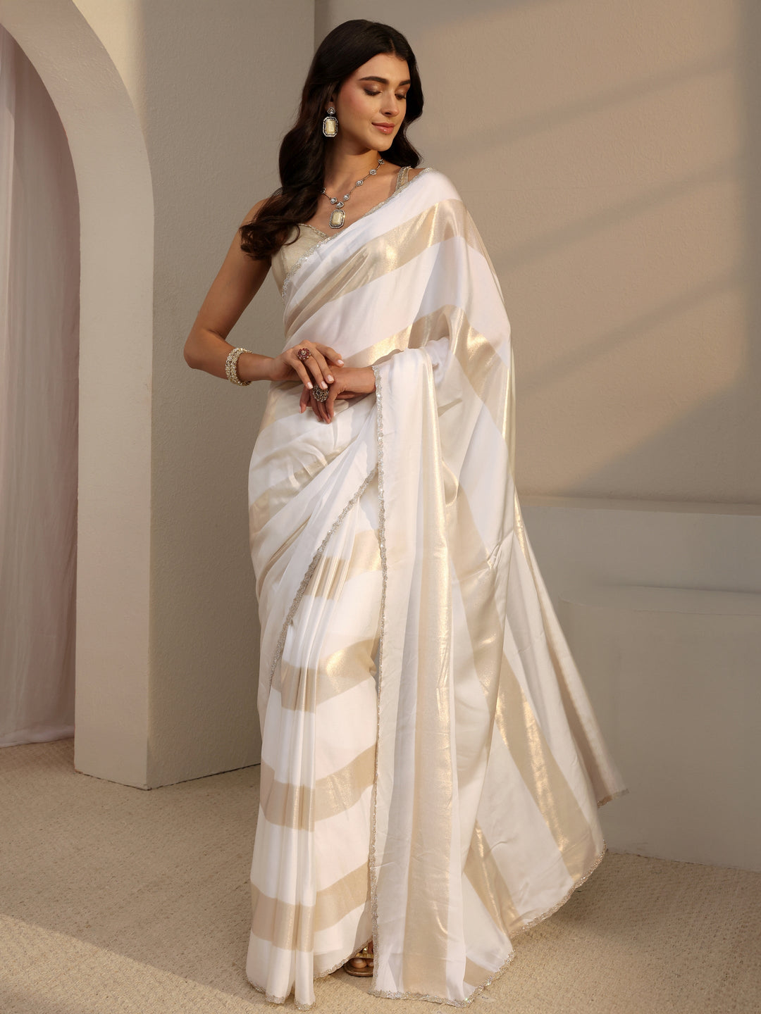  White Striped Embellished Tissue Saree With Unstitched Blouse Piece 