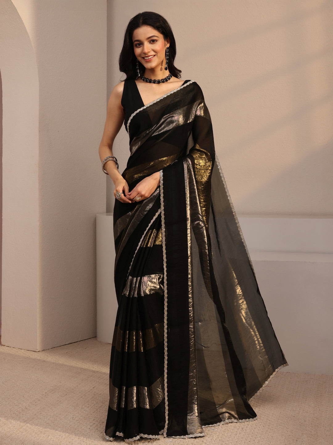  Libas Black Embellished Tissue Saree With Unstiched Blouse Piece 