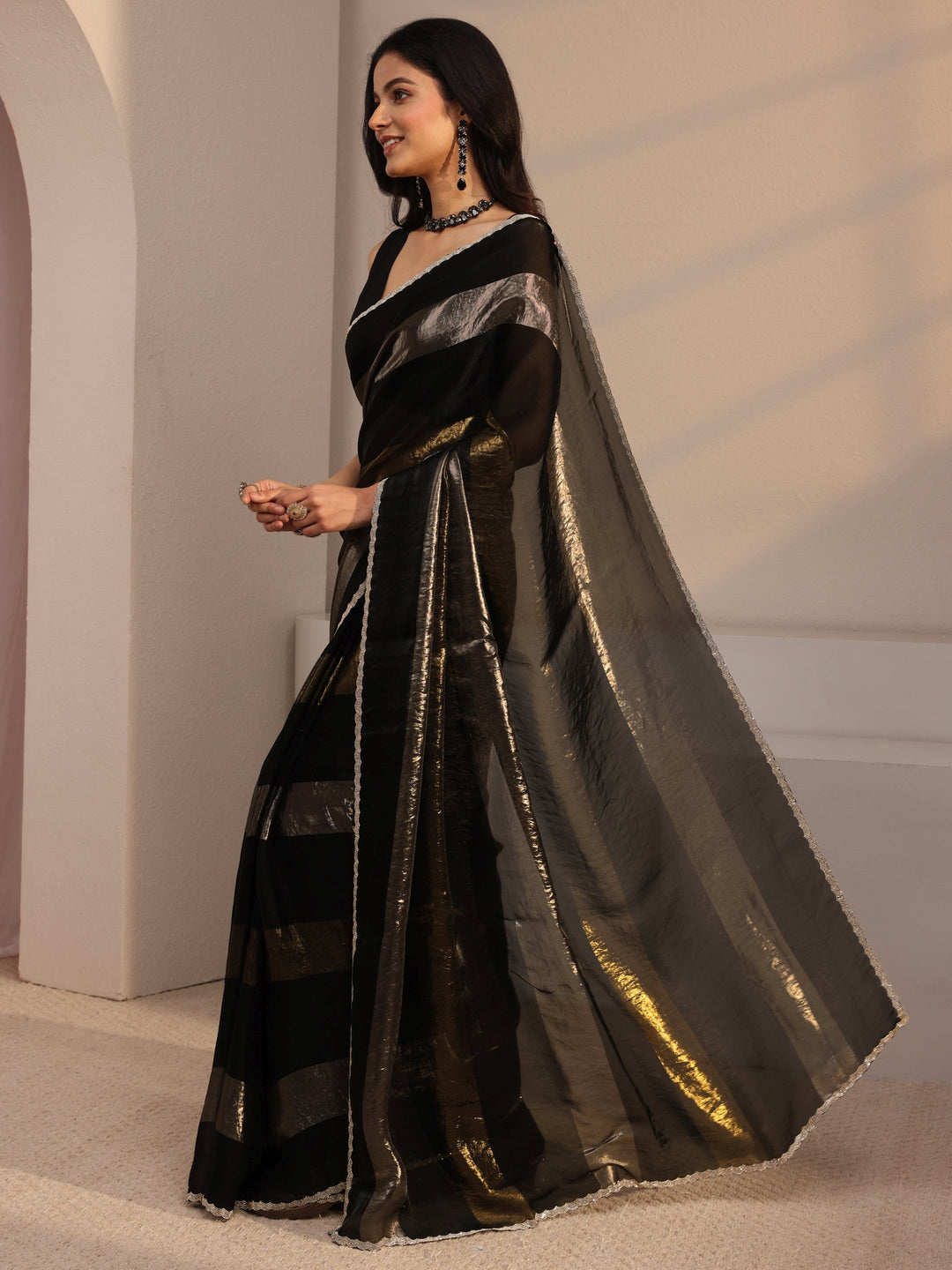  Libas Black Embellished Tissue Saree With Unstiched Blouse Piece 