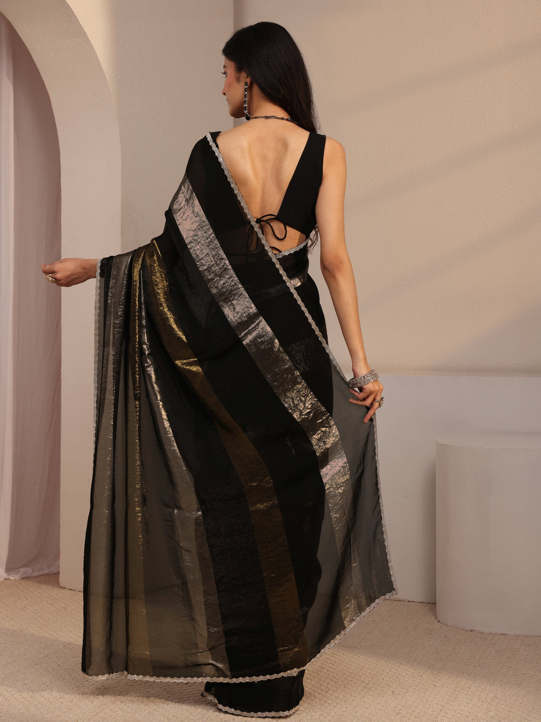  Libas Black Embellished Tissue Saree With Unstiched Blouse Piece 