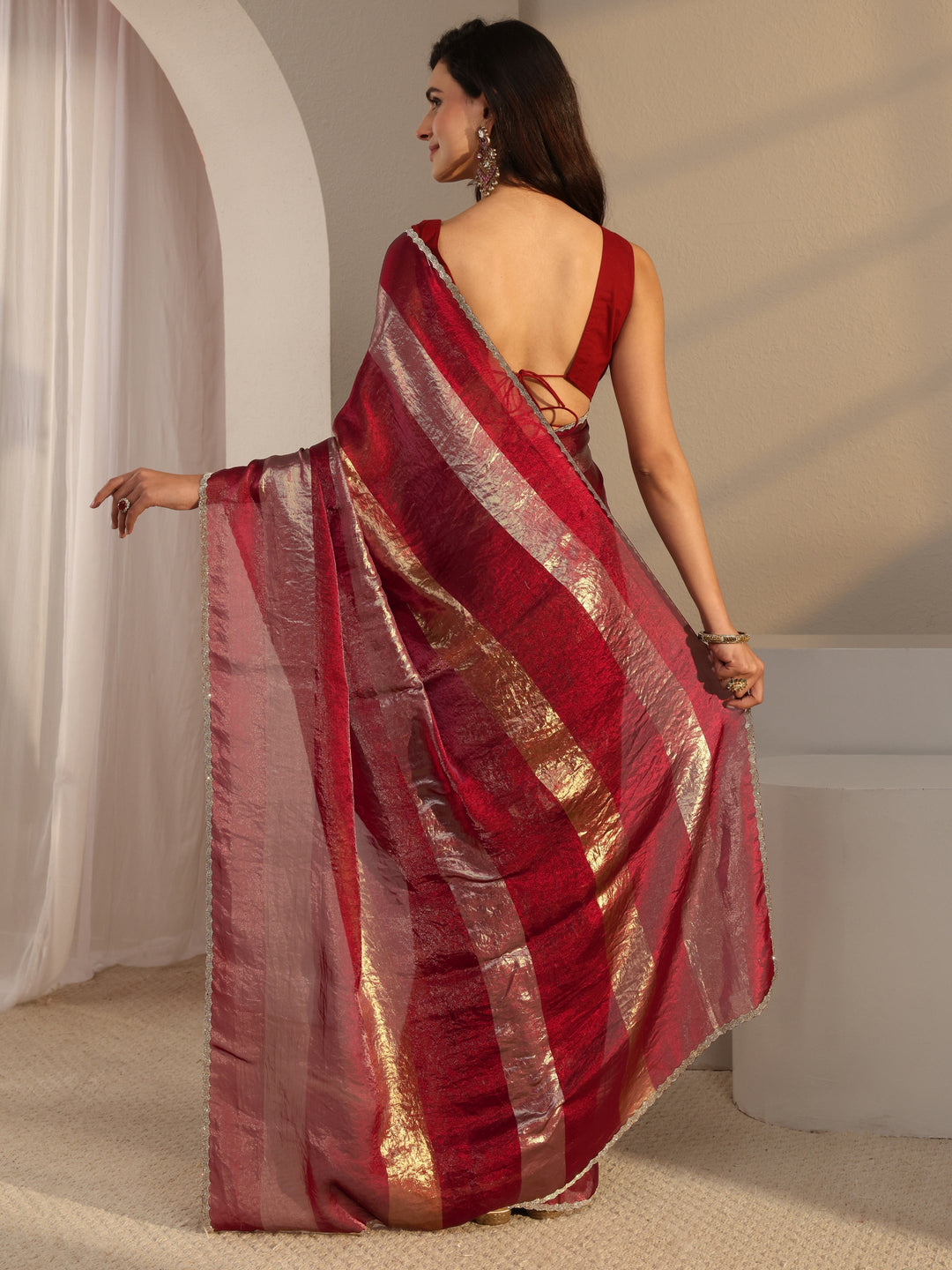  Maroon Striped Embellished Tissue Saree With Unstitched Blouse Piece 