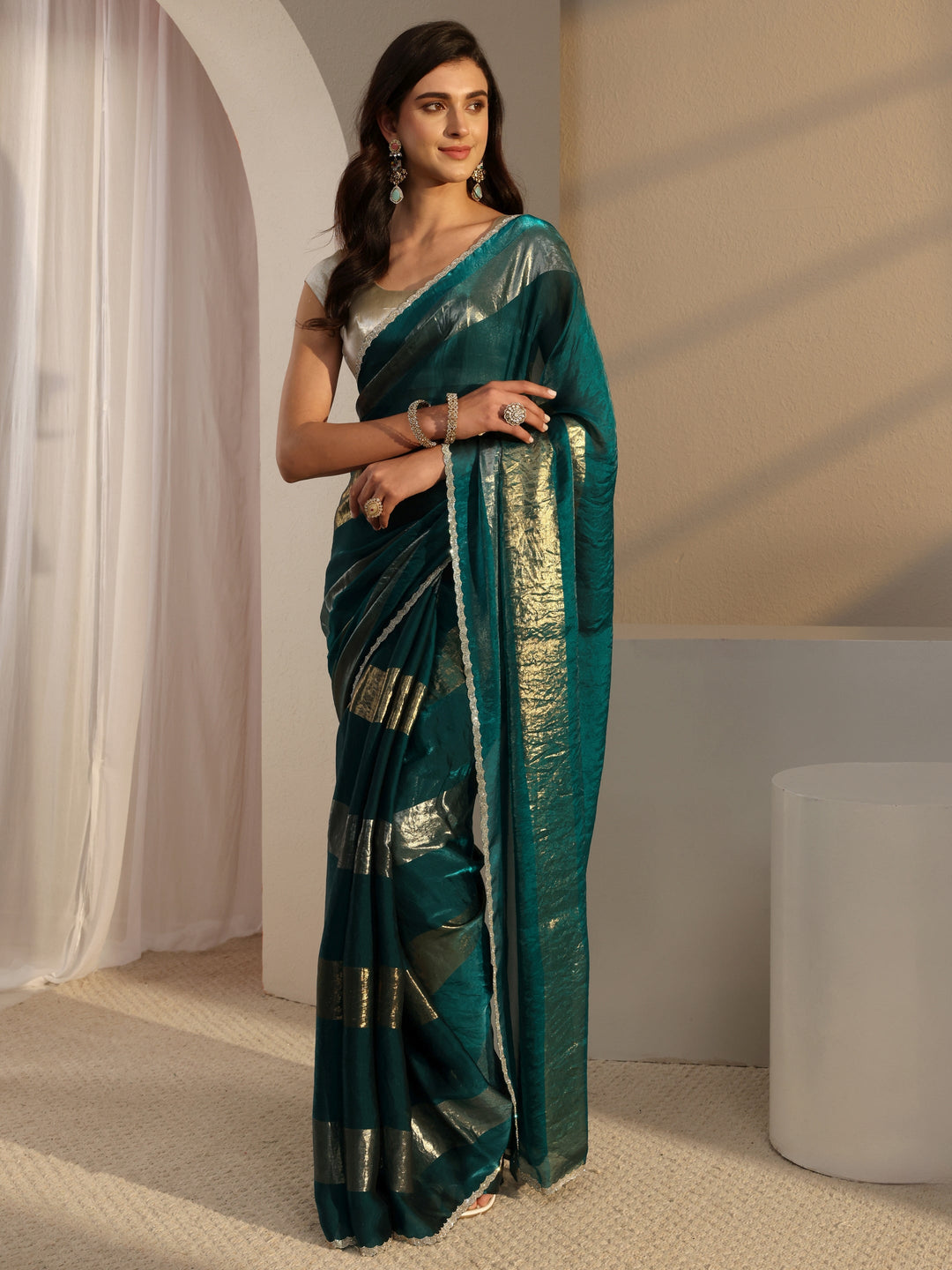  Green Striped Embellished Tissue Saree With Unstitched Blouse Piece 