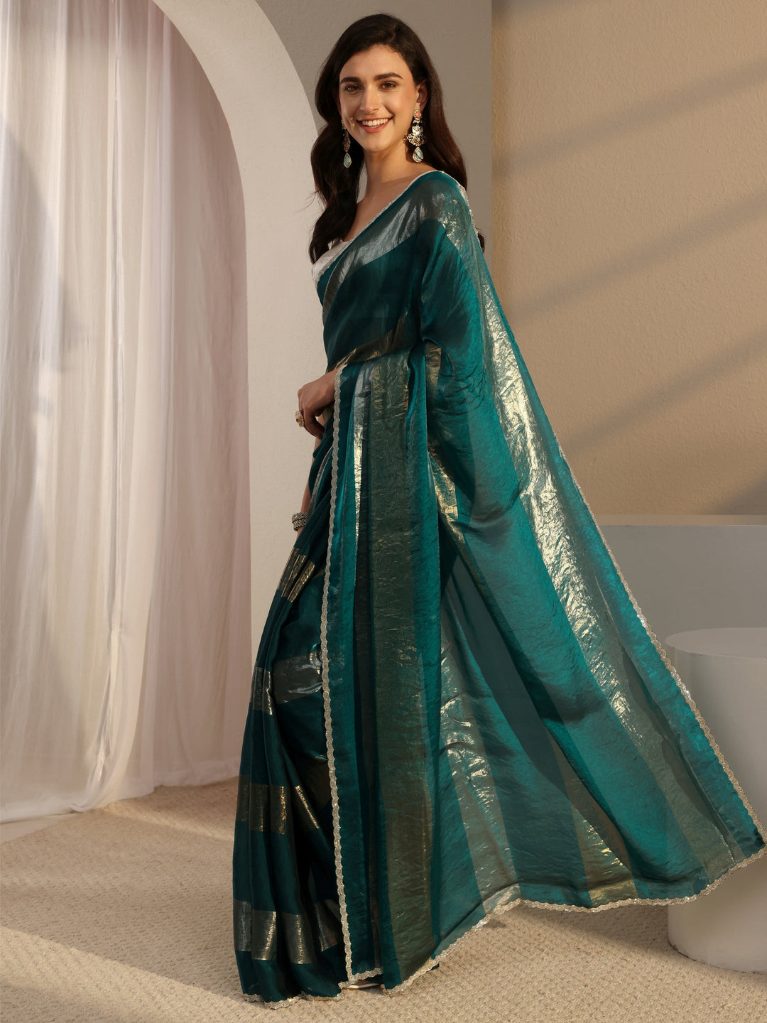  Green Striped Embellished Tissue Saree With Unstitched Blouse Piece 