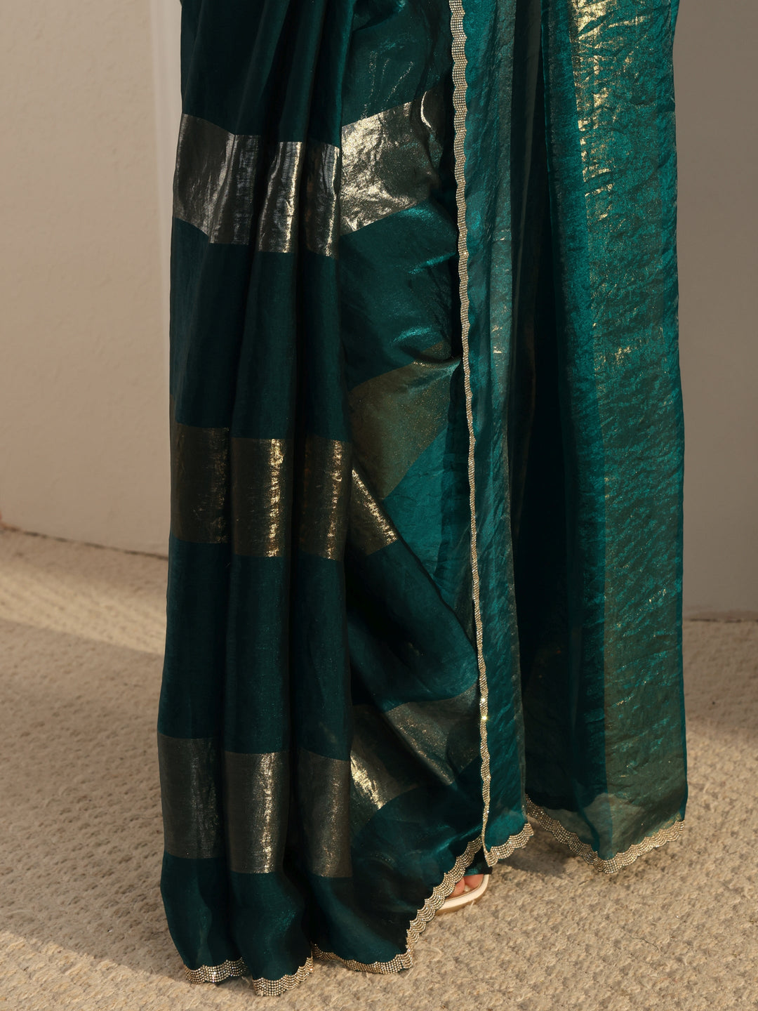  Green Striped Embellished Tissue Saree With Unstitched Blouse Piece 