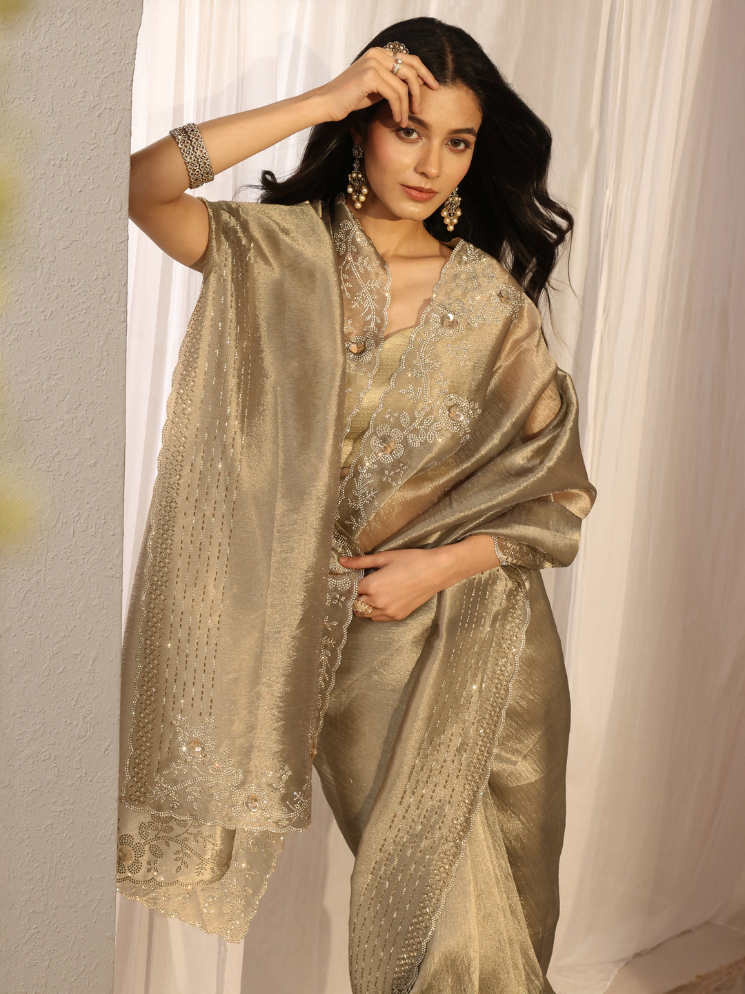  Libas Golden Embellished Tissue Saree With Unstiched Blouse Piece 