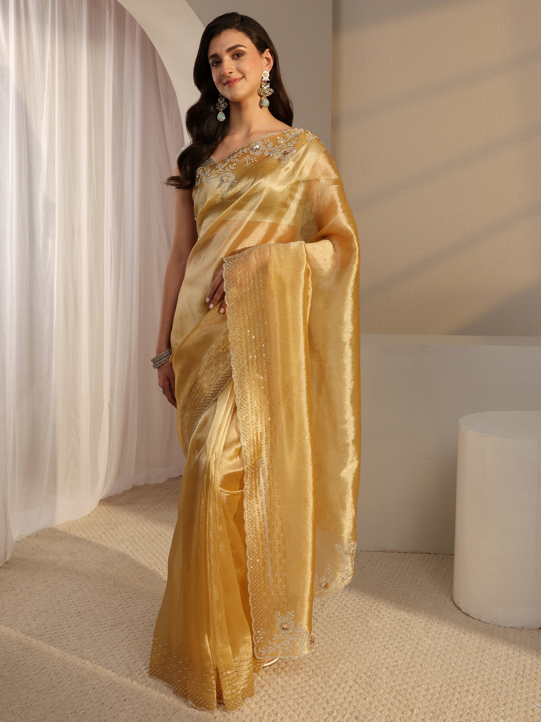  Libas Mustard Embellished Tissue Saree With Unstitched Blouse Piece 