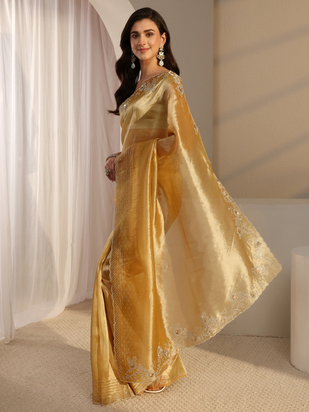  Libas Mustard Embellished Tissue Saree With Unstitched Blouse Piece 