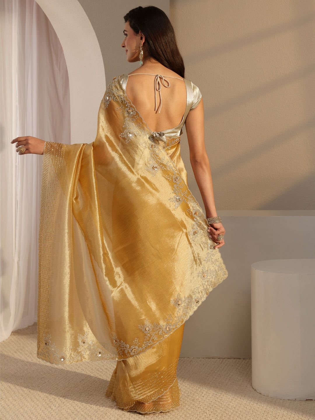  Libas Mustard Embellished Tissue Saree With Unstitched Blouse Piece 