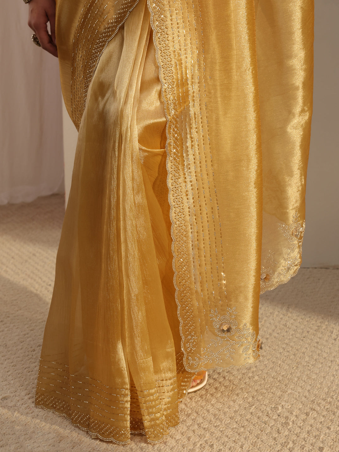  Libas Mustard Embellished Tissue Saree With Unstitched Blouse Piece 