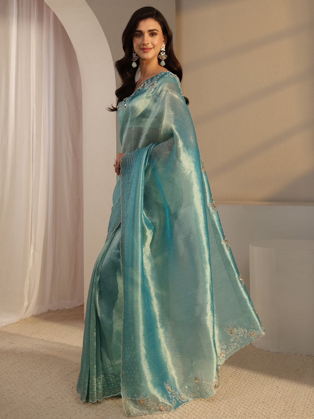  Libas Blue Embellished Tissue Saree With Unstitched Blouse Piece 