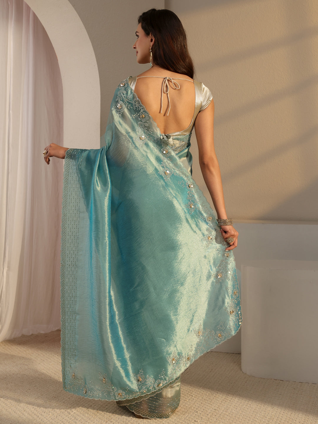  Libas Blue Embellished Tissue Saree With Unstitched Blouse Piece 