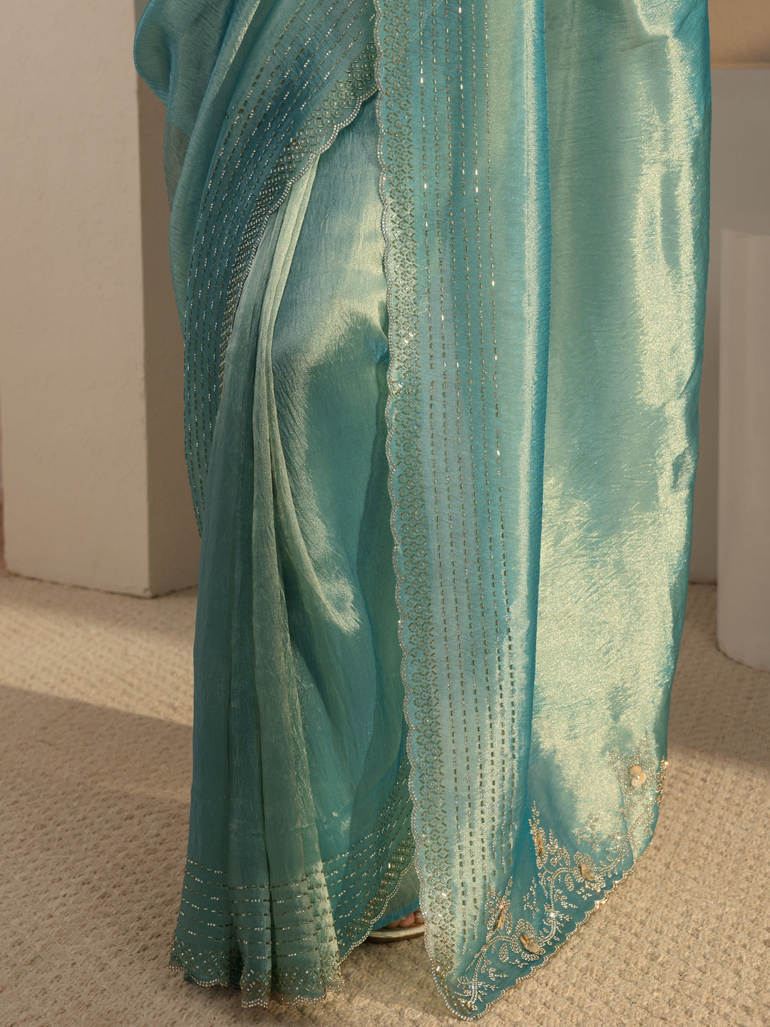 Libas Blue Embellished Tissue Saree With Unstitched Blouse Piece 