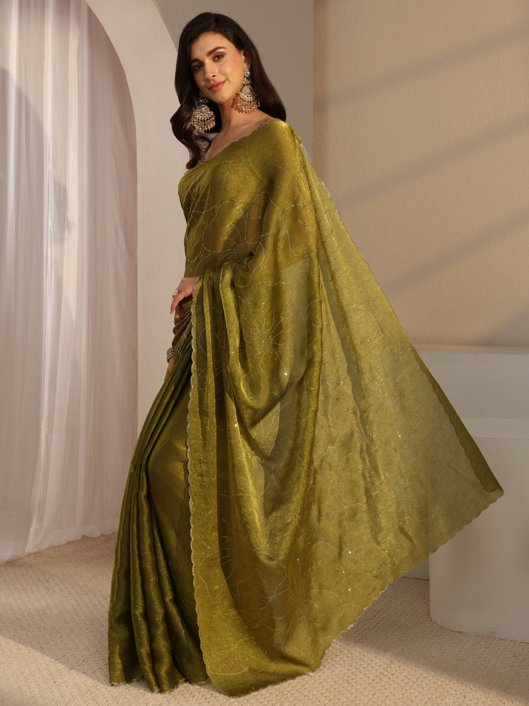  Libas Green Floral Embellished Tissue Saree With Unstitched Blouse Piece 