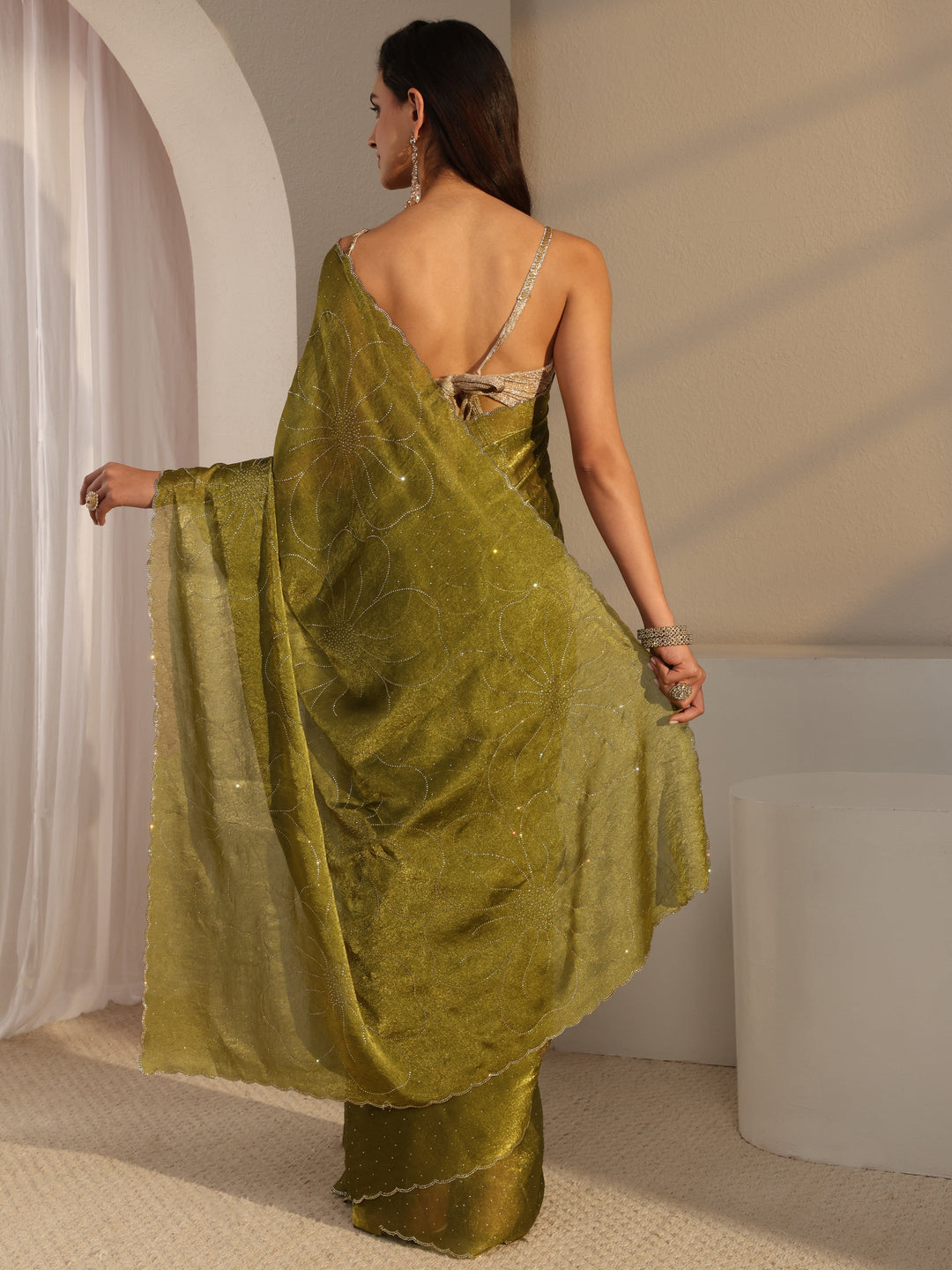  Libas Green Floral Embellished Tissue Saree With Unstitched Blouse Piece 