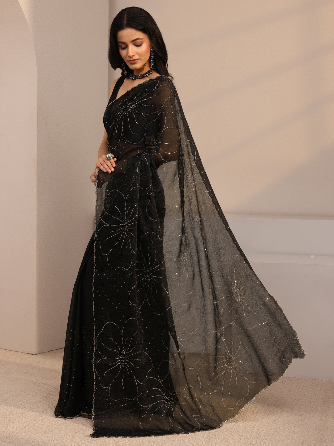  Libas Black Embellished Tissue Saree With Unstiched Blouse Piece 