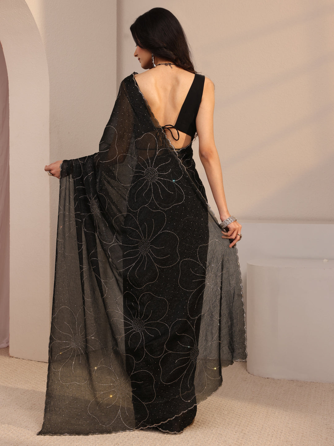  Libas Black Embellished Tissue Saree With Unstiched Blouse Piece 