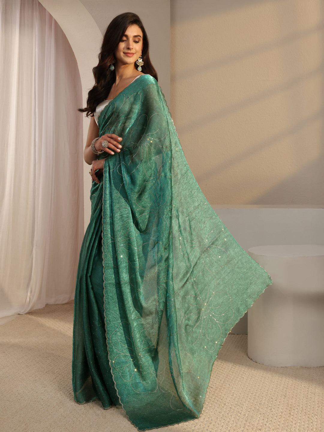  Green Floral Embellished Tissue Saree With Unstitched Blouse Piece 