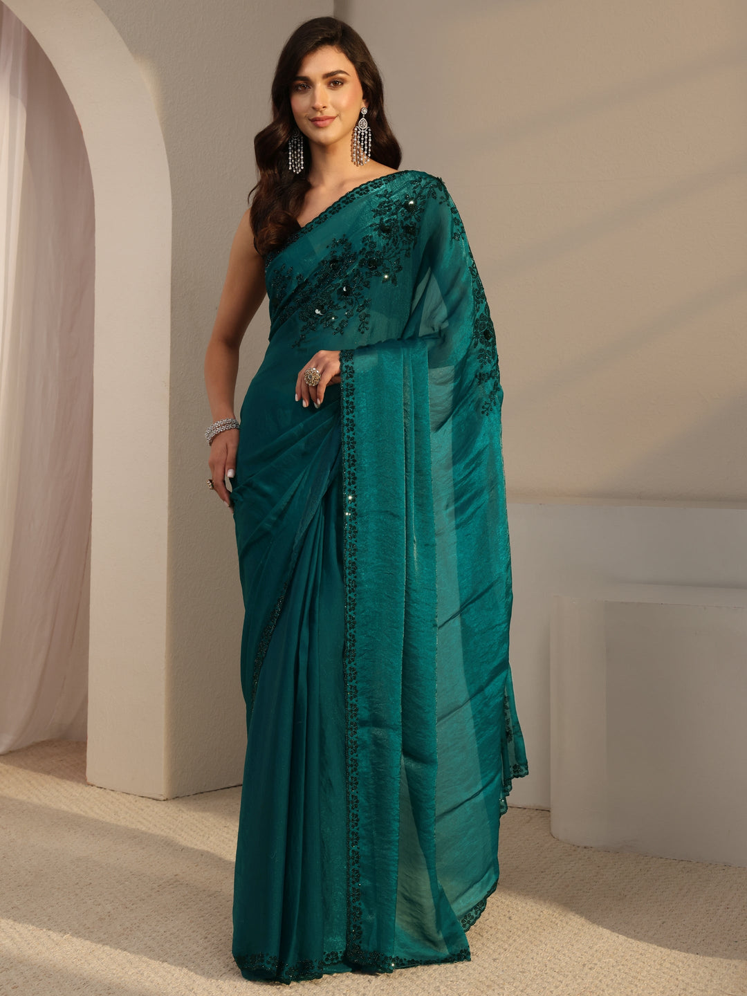  Teal Embellished Tissue Saree With Unstitched Blouse Piece 