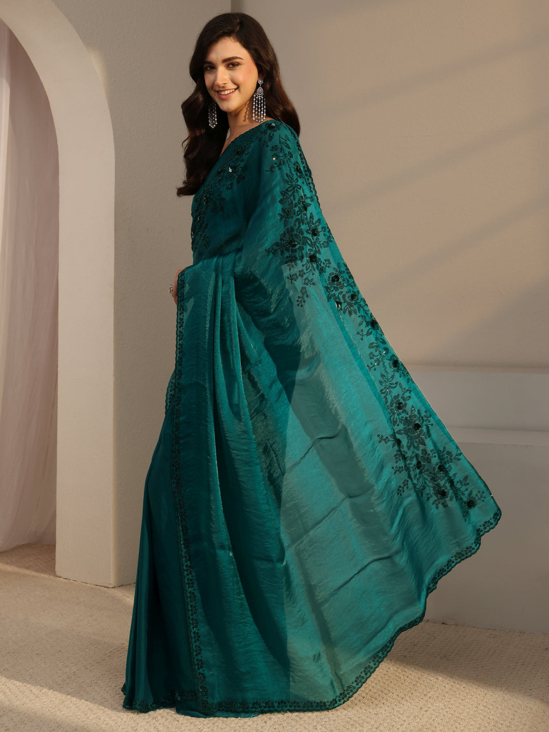  Teal Embellished Tissue Saree With Unstitched Blouse Piece 