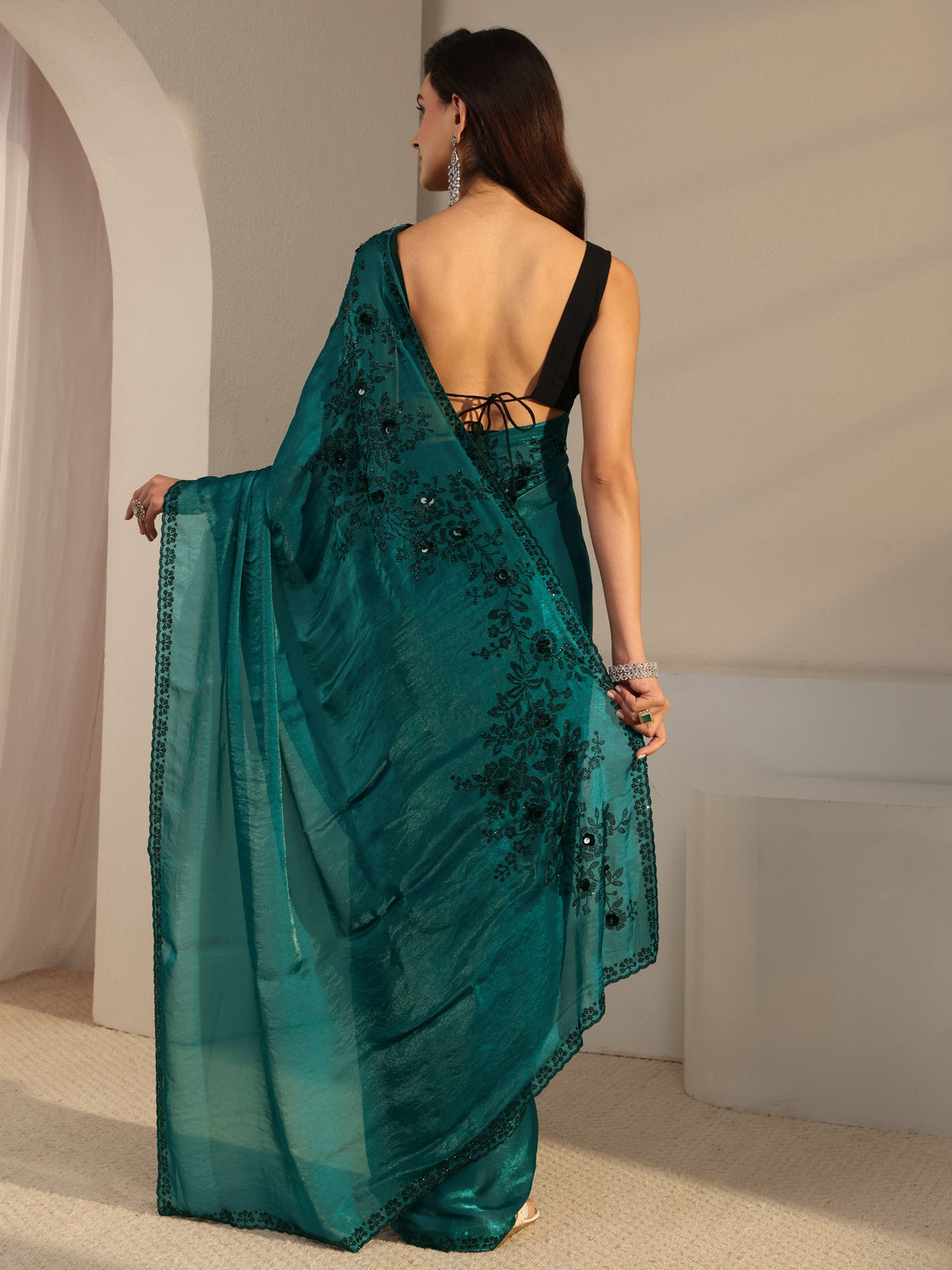  Teal Embellished Tissue Saree With Unstitched Blouse Piece 