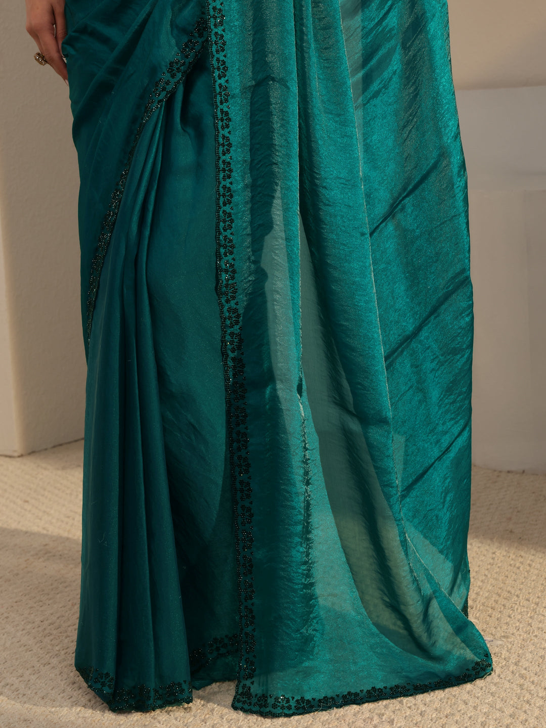  Teal Embellished Tissue Saree With Unstitched Blouse Piece 