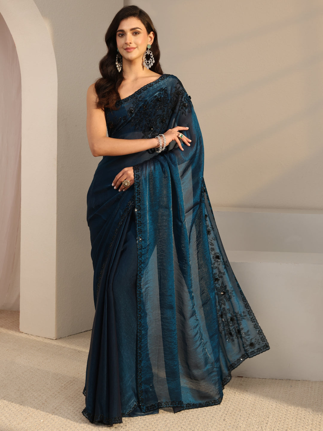  Libas Blue Embellished Tissue Saree With Unstitched Blouse Piece 